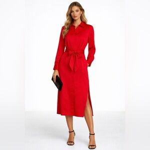 Donna Karan Red Midi Shirt Dress Tie Waist Size 10